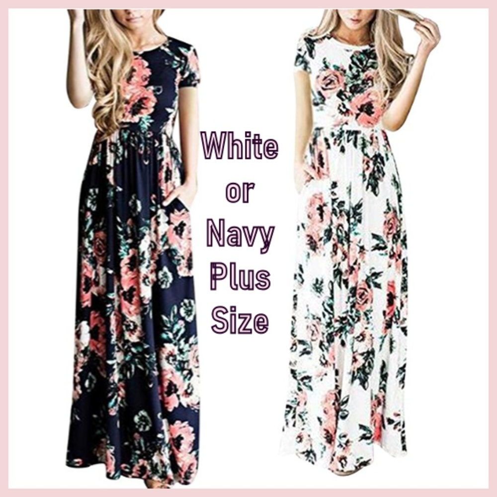 NWT Navy or White Floral Pockets Maxi Dress XL 2X